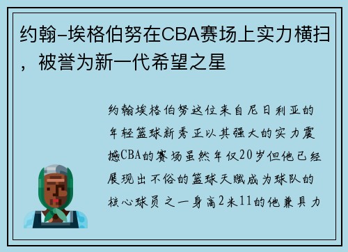 约翰-埃格伯努在CBA赛场上实力横扫，被誉为新一代希望之星