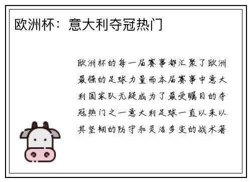 欧洲杯：意大利夺冠热门